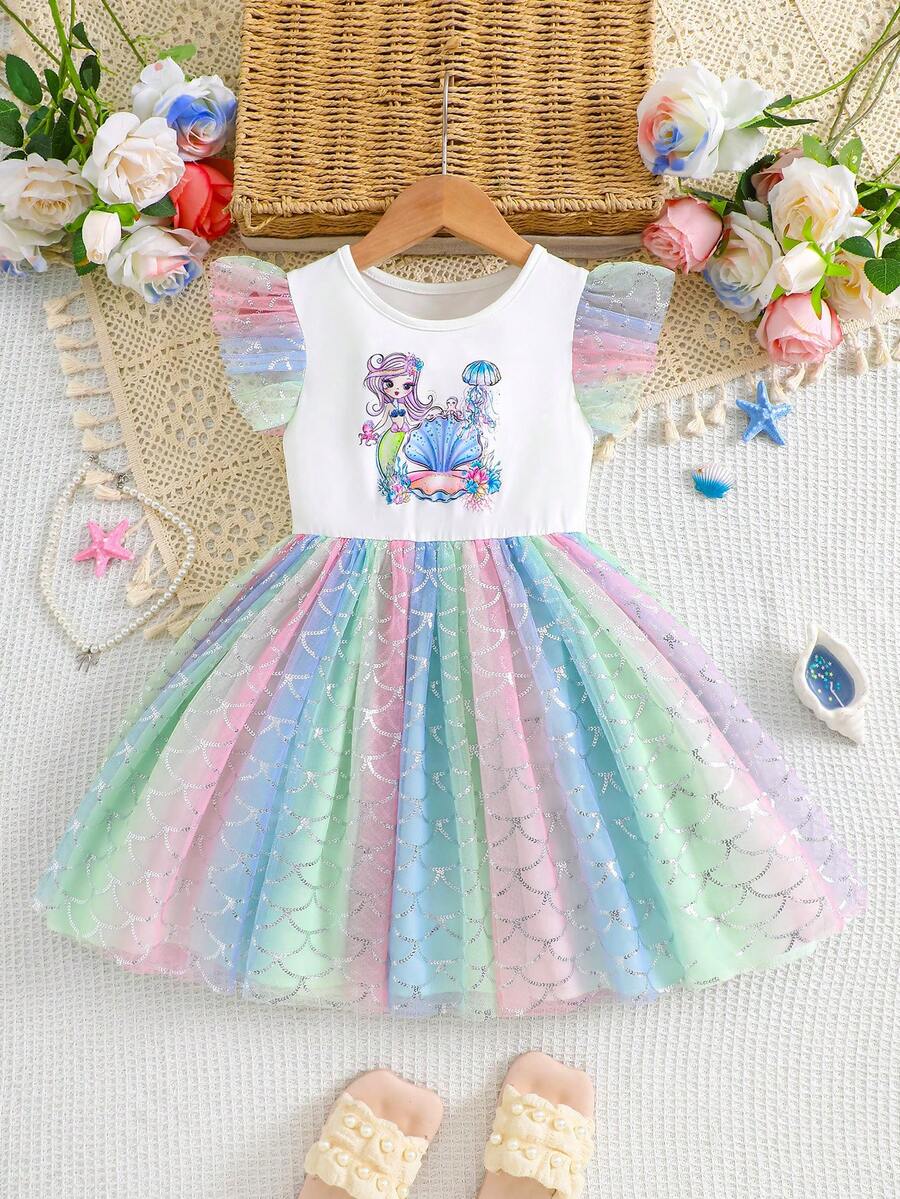 Girls' Mermaid Mesh Dress, Cute & Elegant Style, Suitable For Girls' Party Occasions In Summer