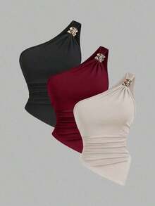 Blusa de unicolor minimalista con cuello asimétrico y hebilla de metal para mujer - Multicolor - Ver 8