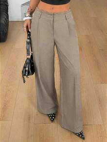 Pantalones de mujer negros tejidos para ir al trabajo con encaje y pliegues en contraste - Caqui - Ver 8