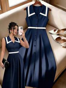 Vestido midi elegante y retro de mujer con cintura ajustada, cuello de solapa y botones, color albaricoque/negro, para uso diario y formal, primavera/verano - Multicolor 6 - Ver 1