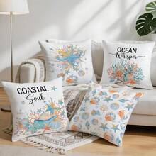 4pcs/Set Blue & Orange Ocean Creature Shell Pattern Pillow Cover, Single-Sided Printed Cushion Cover, Suitable For Living Room, Bedroom, Home Decor, All Seasons - Multicolor - View 9