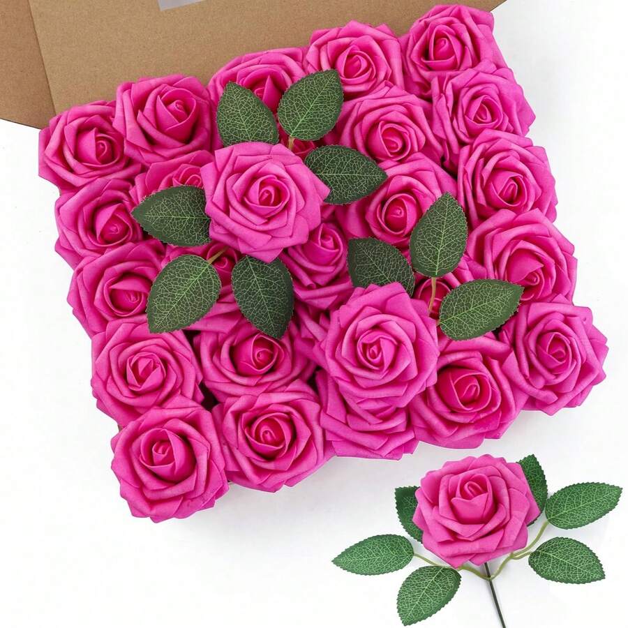 50 flores + 2 hojas Rosas artificiales de espuma blanca con tallos, aspecto realista para ramos de boda DIY, centros de mesa para despedida de soltera, arreglos florales, decoraciones de mesa para fiestas, decoración del hogar, regalos, cumpleaños, graduaciones, etc. - Rosa Fucsia - Ver 1