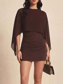 Vestido mini desmontable de 2 en 1 de unicolor, adecuado para salir de noche, vacaciones, fiestas de cumpleaños, uso diario elegante de verano - Café integral - Ver 5
