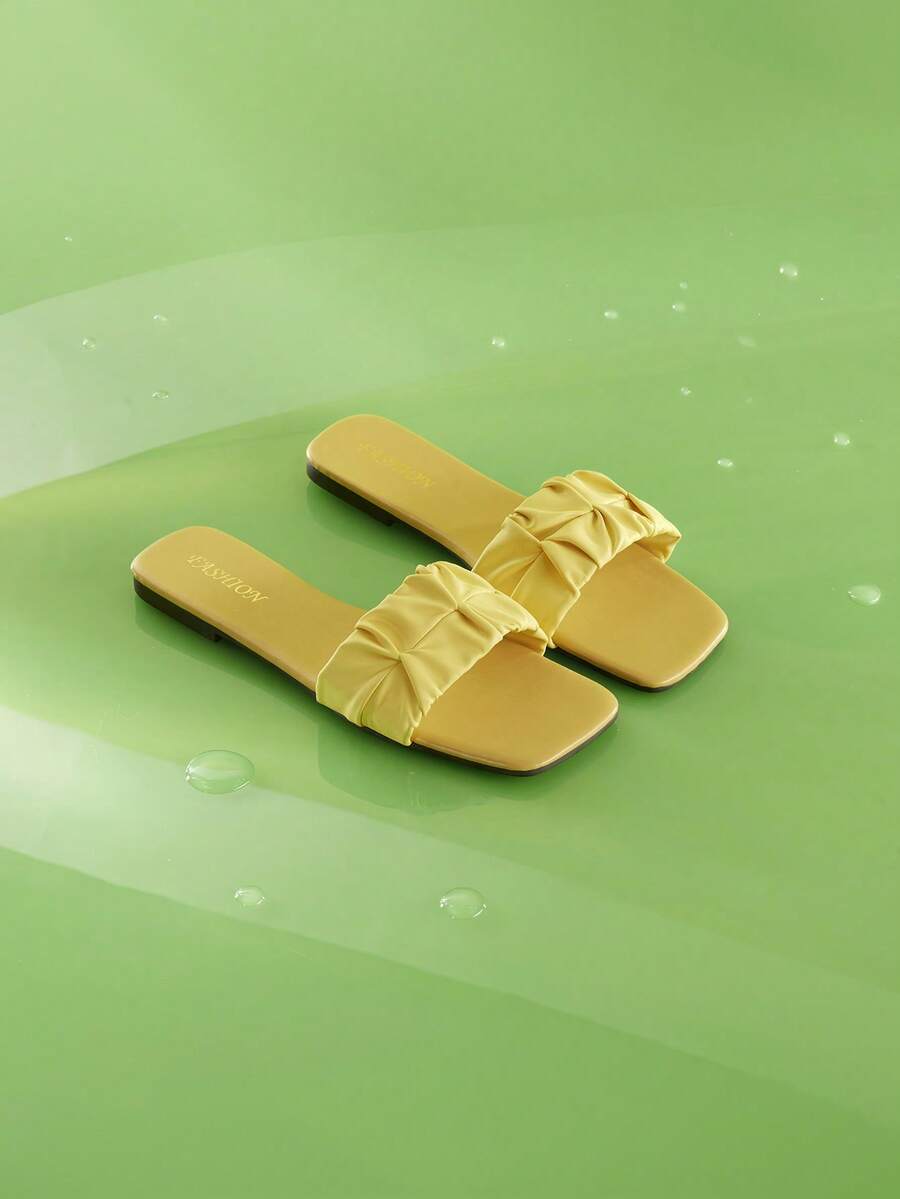 Trivaya Dép đế bằng mũi vuông viền nhún mới, phong cách nghỉ dưỡng giản dị - Màu vàng - Xem 1