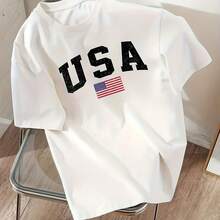 Camiseta de manga corta con cuello redondo para mujer con estampado de la bandera nacional y letras. - Blanco - Ver 6