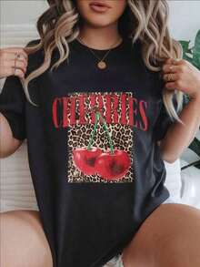 Camiseta genial con estampado vintage de cerezas y leopardo, diseño de frutas rojas, camiseta casual de moda para mujer, adecuada para todas las estaciones.  
 -WhiteFashion - Negro - Ver 1