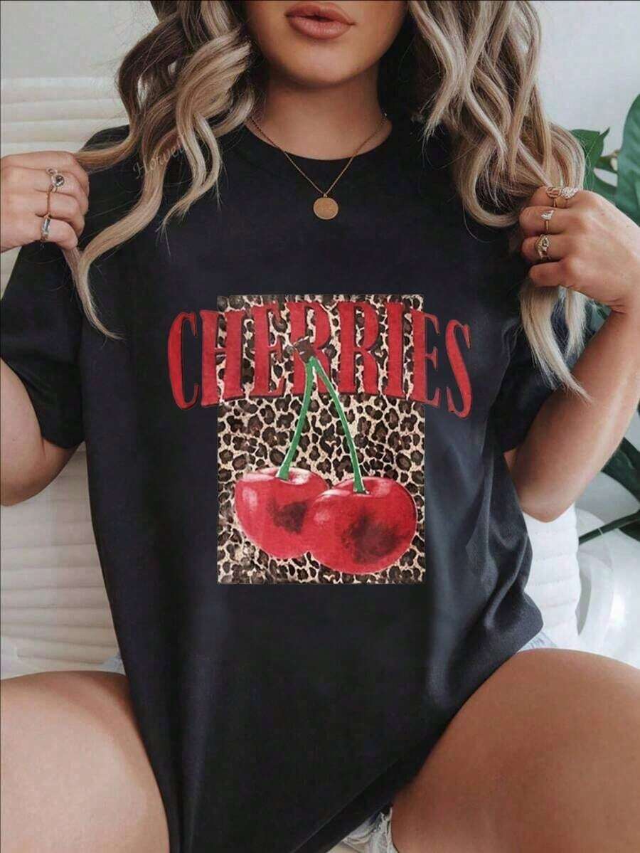 Camiseta genial con estampado vintage de cerezas y leopardo, diseño de frutas rojas, camiseta casual de moda para mujer, adecuada para todas las estaciones.
-WhiteFashion - Negro - Ver 1