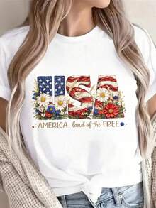 T-Shirt With The American Flag, America, Land Of The Free. Unisex 220g Pure Cotton T-Shirt. Ideal Weight For All Seasons, Suitable For Men And Women. Durable, High-Quality Fabric, Soft To The Touch And Long-Lasting. Breathable. Suitable For Spring And Summer, Holidays, Mother's Day, And Independence Day. - 白色 - 查看 1