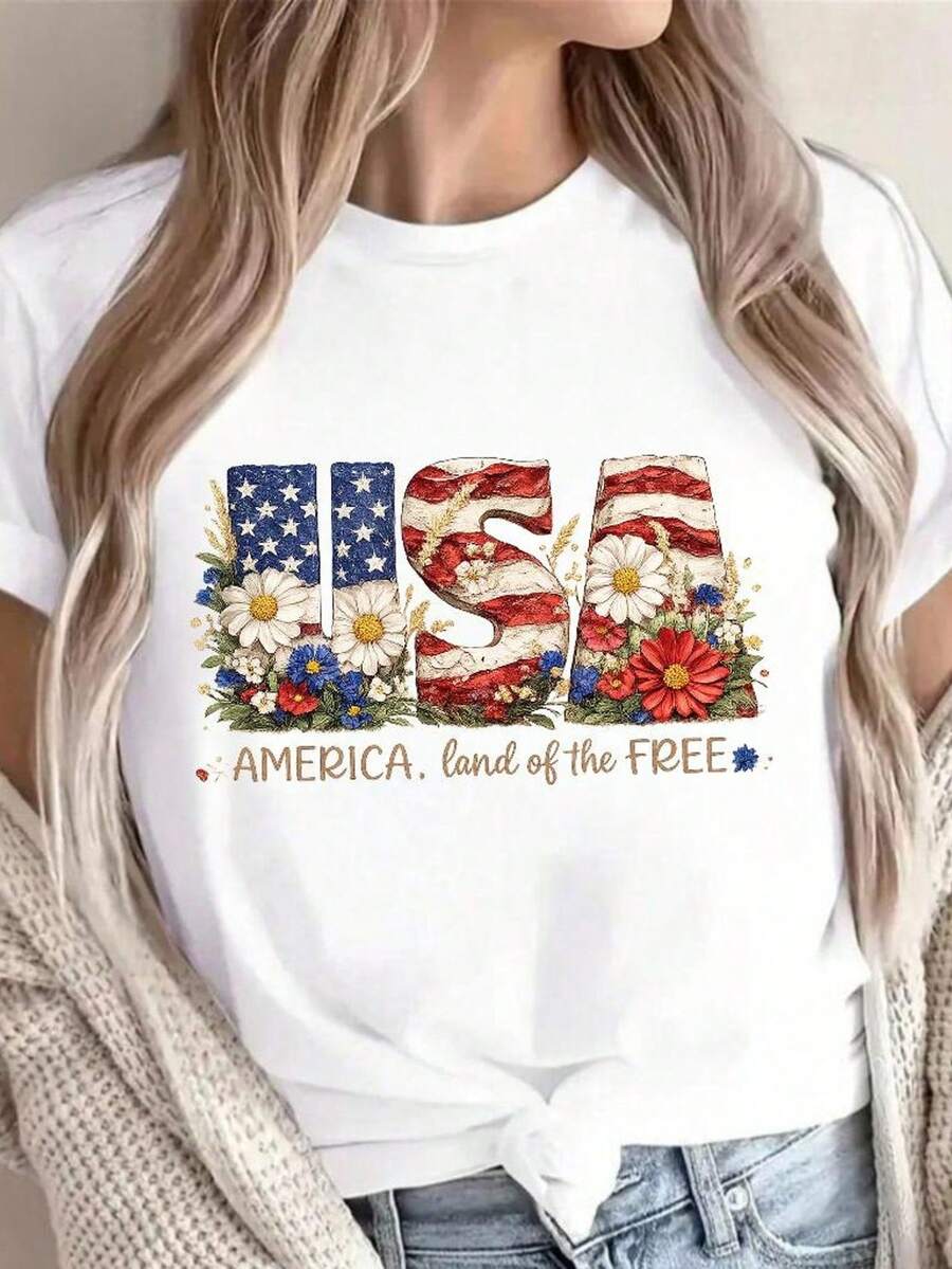T-Shirt With The American Flag, America, Land Of The Free. Unisex 220g Pure Cotton T-Shirt. Ideal Weight For All Seasons, Suitable For Men And Women. Durable, High-Quality Fabric, Soft To The Touch And Long-Lasting. Breathable. Suitable For Spring And Summer, Holidays, Mother's Day, And Independence Day. - 白色 - 查看 1