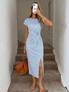 Vestido midi sin mangas con abertura alta, estampado elegante de lazo a rayas rosa, estilo minimalista casual; Vestido de punto de textura casual ajustado para mujer; Conjunto de fitness para mujer; Vestido de invitada de boda para mujer; Atuen - Multicolor 5 - Ver 8