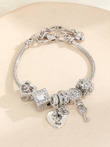 1 chiếc vòng tay charm nữ đeo hàng ngày, kiểu dáng dây rắn, hình trái tim, hình chìa khóa, đính đá, màu bạc, lãng mạn, thích hợp cho ngày Valentine. - Nhiều màu - Xem 1