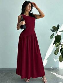 Vestido largo de mujer sin mangas, cuello redondo, cintura fruncida, unicolor, estilo minimalista - Granada - Ver 1
