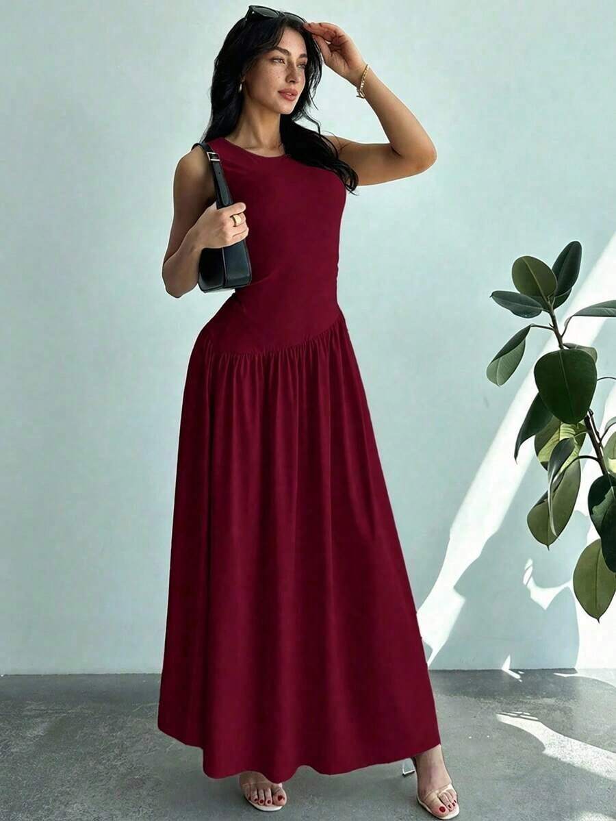 Vestido largo de mujer sin mangas, cuello redondo, cintura fruncida, unicolor, estilo minimalista - Granada - Ver 1