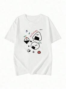 Camiseta Vintage de Manga Corta para Mujer - Diseño Divertido con Estampado de Letras "Bola de Arroz Antropomórfica", Estilo Y2K, Corte Holgado Casual, Cuello Redondo, Prenda Moderna y Cómoda para Primavera, Verano y Otoño. - Blanco - Ver 1