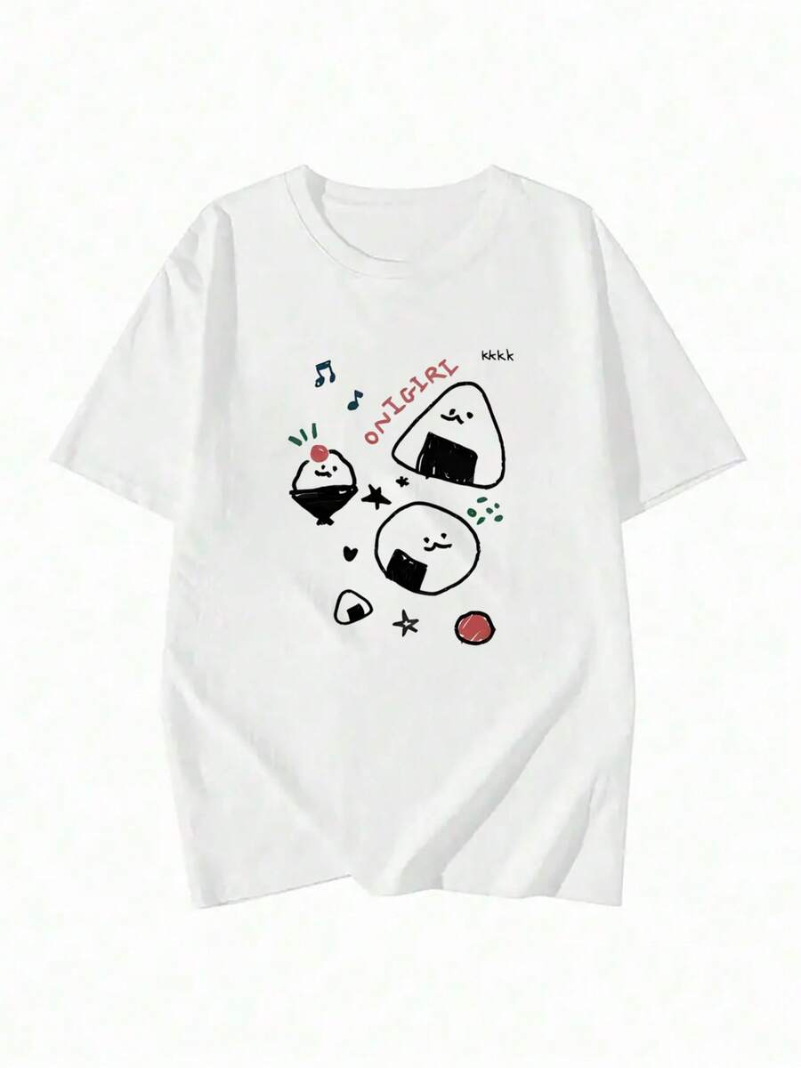 Camiseta Vintage de Manga Corta para Mujer - Diseño Divertido con Estampado de Letras "Bola de Arroz Antropomórfica", Estilo Y2K, Corte Holgado Casual, Cuello Redondo, Prenda Moderna y Cómoda para Primavera, Verano y Otoño. - Blanco - Ver 1