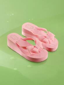 Trivaya Sandalias cómodas y casuales con suela gruesa para mujer, sandalias de estilo "hada" de unicolor, ligeras y suaves con correa antideslizante, sandalias de tira en T versátiles de EVA para playa y vacaciones de verano, chanclas - Rosa - Ver 1
