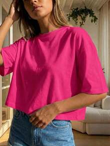 Blusa de mujer de cuello redondo, manga corta, holgada y casual, de estilo minimalista, elegante y sexy Y2K, adecuada para uso diario, oficina, hogar, exterior, primavera/verano - Rosa Fucsia - Ver 4