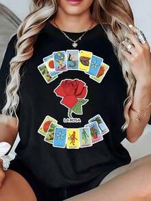 Fashion Printed T‑Shirts for Women, Oversized Streetwear Tops, Comfortable and Stylish All‑Match Summer TeesRosa roja rodeada de cartas tradicionales de lotería mexicana que evocan cultura folclórica y símbolos icónicos camiseta de mujer  algodón 220g - Negro - Ver 1