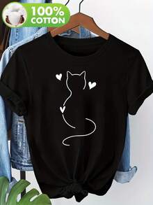 Camiseta de Mujer con Estampado de Gato Adorable, 100% Algodón, Manga Corta, NC-12396, Blusa para Salir para Mujer - Negro - Ver 6
