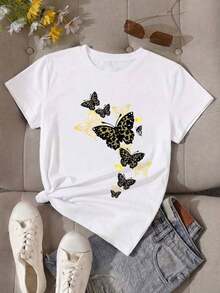 Camiseta suave 100% algodón. Camiseta de lujo para mujer, blanca, de cuello redondo y manga corta, con estampado de mariposas negras y doradas, estilo casual. Camiseta de algodón transpirable, combina con todo. - Blanco - Ver 8