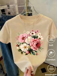 180 g Hecho en México, Moda Primavera/Verano 2026 Camiseta de manga corta, Estampado de dibujos animados, Estilo para parejas, Ropa interior/exterior, Cuello redondo informal para la oficina, Top unisex de una pieza - Albaricoque - Ver 2