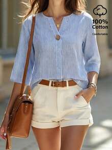 Camisa de algodón casual de mujer con cuello en V y mangas 3/4 a rayas - Azul y blanco - Ver 4