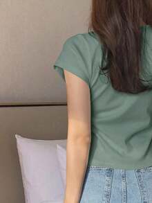 Camiseta básica de mujer de manga corta, cuello redondo, unicolor blanco, para primavera/verano, estilo casual de oficina - Verde 2 - Ver 2