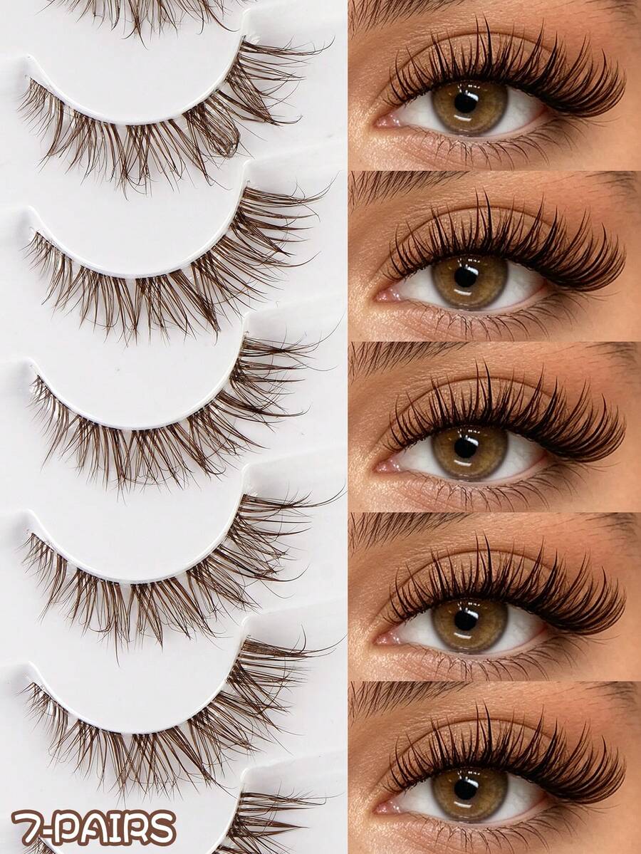MAANGE 7 Pairs Brown Criss-Cross Natural Thick False Eyelashes, With Transparent Lash Roots, Moist Makeup Effect, Cartoon Style Lashes, Suitable For Cosplay, Anime, And Fairy Makeup Enthusiasts