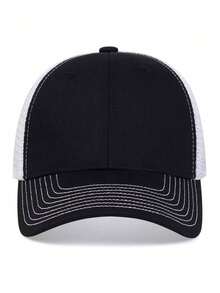 1pc Men's Solid Color Baseball Mesh Cap, Adjustable Casual Hat For Outdoor, Spring/Summer - Black and White - View 3