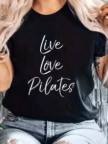 Camiseta de Mujer con Estampado "Live Love" - Top de Manga Corta con Cuello Redondo, Suave y Elástico, Ropa Deportiva, Camiseta Casual, Lavable a Máquina para Primavera, Verano y Otoño (Negro/Blanco) - Prenda Ideal para Estudio y Uso Casual - Negro - Ver 7