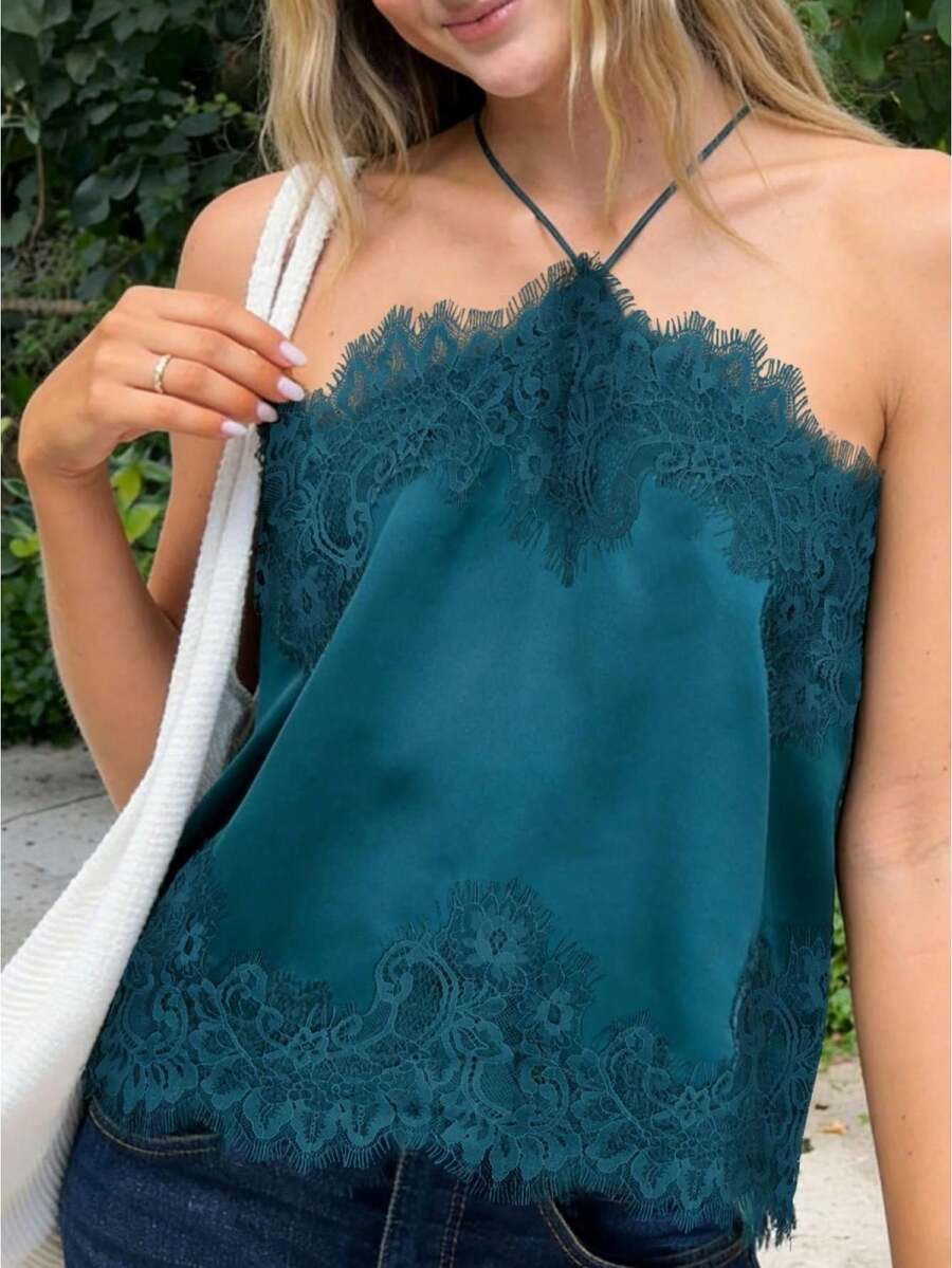 Women's Halter Neck Satin Tops Sleeveless Lace Trim Loose Fit Cami Tops Summer Shirts - Azul - Ver 1