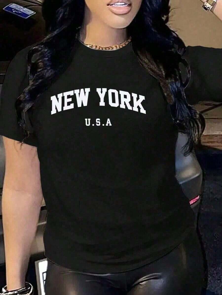 Moda femenina: Camiseta estampada de manga corta y cuello redondo para mujer, camisetas gráficas, tops para mujer. Nuevo top holgado y versátil. Blusas Bonito 100% Algodón - Negro - Ver 1