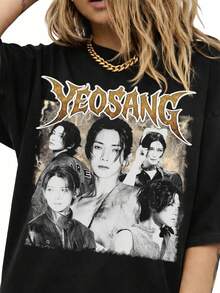 Yeosang Vintage Graphic T-Shirt, Unisex Idol Fan Tee. Fashionable Casual T-Shirt With Creative Print For Women, Short Sleeves, Round Neck, For Spring And Summer. Women's Festive Celebration Shirt Party Wear Top - 彩色 - 查看 1