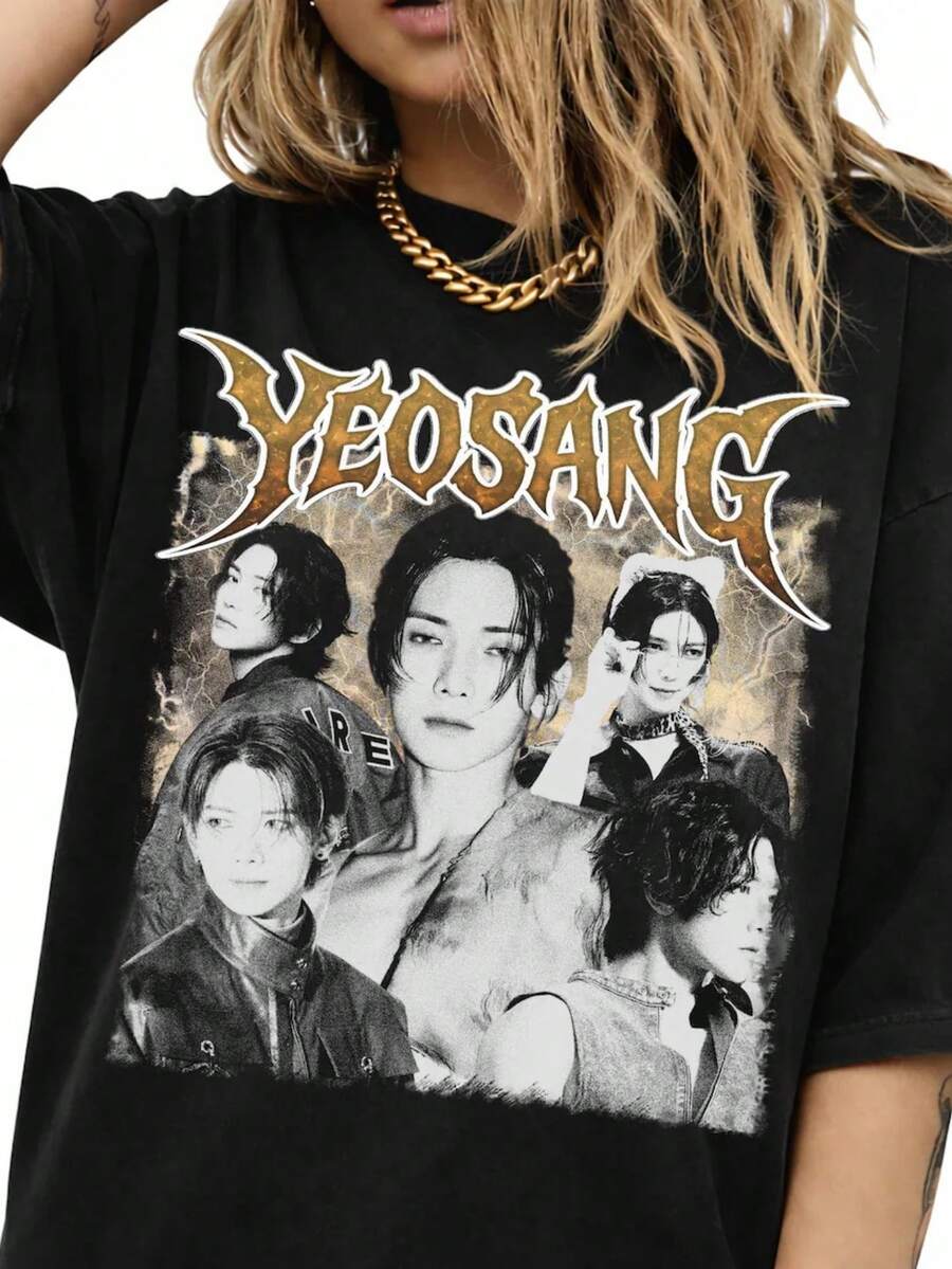 Yeosang Vintage Graphic T-Shirt, Unisex Idol Fan Tee. Fashionable Casual T-Shirt With Creative Print For Women, Short Sleeves, Round Neck, For Spring And Summer. Women's Festive Celebration Shirt Party Wear Top - 彩色 - 查看 1