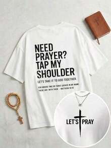 Camiseta estampada, camisetas de algodón con diseño gráfico, talla grande, ¿necesitas oración? Camiseta Gráfica Unisex de Algodón Suave "Tap My Shoulder" – Inspiración de Fe Cristiana con Versículos Bíblicos, Ropa Casual Urbana, Camiseta de Verano, Adecuada para el Clima Fresco de Verano - Blanco - Ver 1