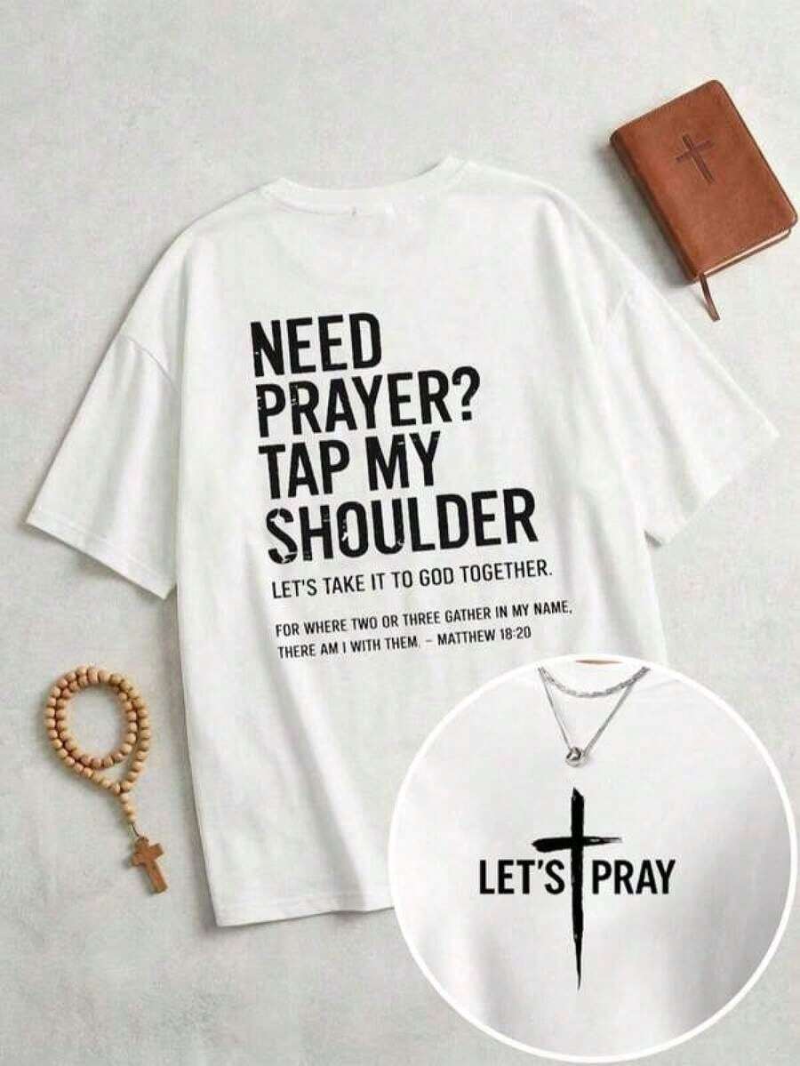 Camiseta estampada, camisetas de algodón con diseño gráfico, talla grande, ¿necesitas oración? Camiseta Gráfica Unisex de Algodón Suave "Tap My Shoulder" – Inspiración de Fe Cristiana con Versículos Bíblicos, Ropa Casual Urbana, Camiseta de Verano, Adecuada para el Clima Fresco de Verano - Blanco - Ver 1