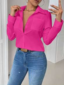 Blusa blanca casual con cuello y bolsillo, de manga larga ajustada para mujeres - Rosa Fucsia - Ver 7