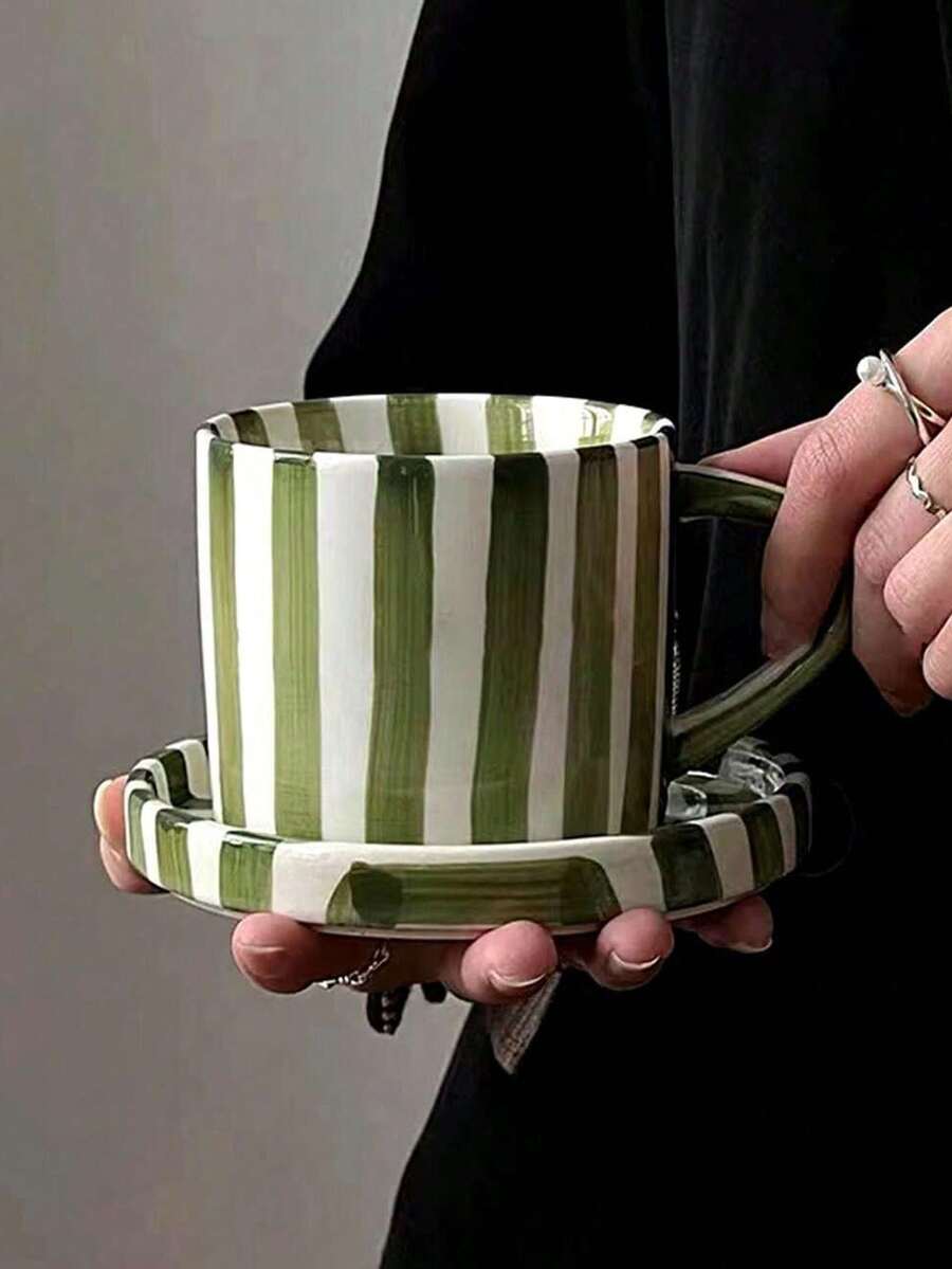 Cabin Kangaroo 1set Nordic Style Stripe Ceramic Cup & Saucer Set, Ins Style Round Cylindrical American Latte Coffee Cup & Saucer Set, Drinking Glass Cup & Delicate Tea Cup & Saucer Set For Home Use Or Afternoon Tea