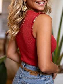 Sexy Slim Fit Camisole, Round Neck Ruffle Trim Sleeveless Design, Ribbed Stretchy Fabric, Slimming & Flattering, Versatile Spring/Summer Layering Top, Pair With Jeans For Chic Look - Red - View 3