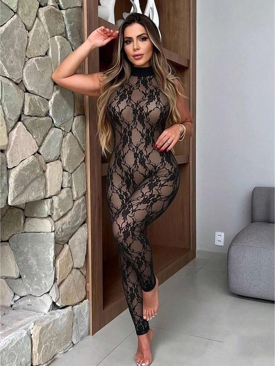 Women's Lace Bodysuit Ruffled Collar Sleeveless Backless Sheer Fitted Jumpsuit Summer - Black - View 1