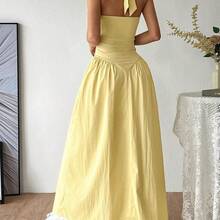 French Deep V-Neck Backless Tie Waist Pleated Dress, Sexy - Verde - Ver 3