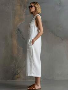 New Spring-Summer Jumpsuit For Women, Retro Casual Style, Sleeveless, White, Linen And Cotton, 3/4 Wide Leg, Flattering Design, Perfect For Daytime Looks, Walks And Holidays - 白色 - 查看 4