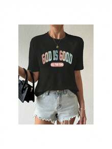 YOCASA Camiseta Casual de Verano para Mujer, con Cuello Redondo, Ajustada y Manga Corta, con Estampado de Pintura al Óleo, Floral, Corazón, Cereza y Patrones de Letras. Tejido Casual Simple, Estilo Deportivo, Ideal para Uso Diario y Citas de San Valentín. 1 pieza, 180G Pure Heavy, 95% Poliéster 5% Spandex. - Negro - Ver 3