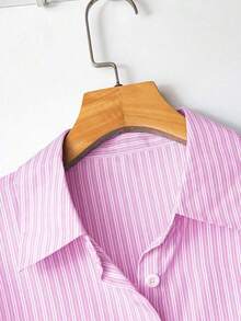 Camisa de mujer de un solo pecho a rayas, versátil y casual para uso diario - Rosa - Ver 4