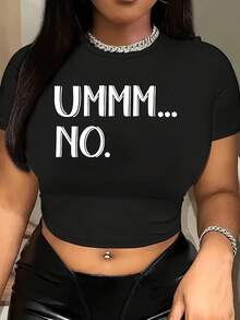 Minimalist Short-Sleeved Blouse With 'Hmm... No' Print - Crop Top And Bold Straight Cut - Suitable For Casual And Fashionable Outfits, Machine-Washable Crew Neck T-Shirt, All-Year Wardrobe Essential - Black - View 1