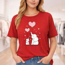Plus Size Women's Cotton T-Shirt, M-5XL, Black, With Adorable Elephant And Baby Heart Balloon Print, Casual Loose Fit, Short Sleeve, Crew Neck, Soft And Comfortable Fabric, Ideal For Everyday Wear, Mother's Day Gift Idea, Graphic T-Shirt For Curvy Women - 紅色 - 查看 12