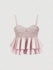 Top de tirantes con volantes y pliegues de color rosa dulce para mujer, top corto de verano - Rosa - Ver 2