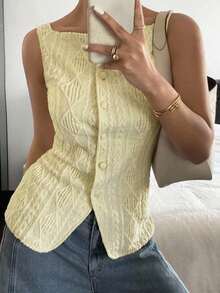 Camisa ajustada sin mangas de mujer con estampado de lunares - Amarillo - Ver 7