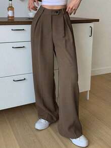1 pieza Pantalón de vestir de cintura alta con bolsillos en diagonal, atuendo de negocios para mujer - Marrón - Ver 6