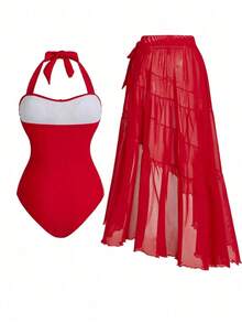 Swim Oasis Conjunto de traje de baño de una pieza con estampado floral 3D para vacaciones de verano - Rojo - Ver 2